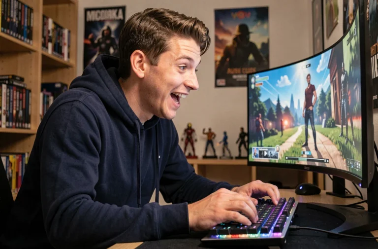 Joueur passionné découvrant les dernières actualités du jeu vidéo sur son setup gaming