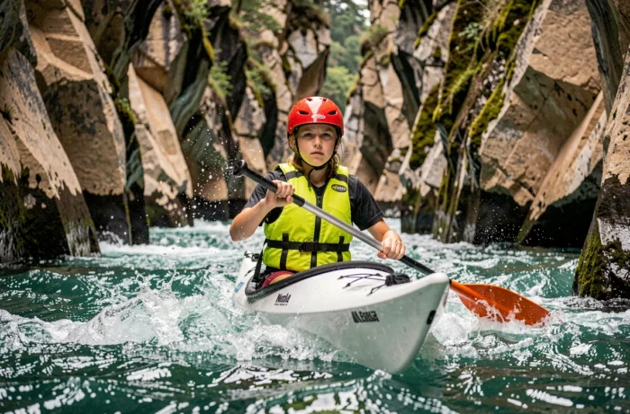 Adolescente pratiquant le kayak en eaux vives dans une gorge fluviale suisse