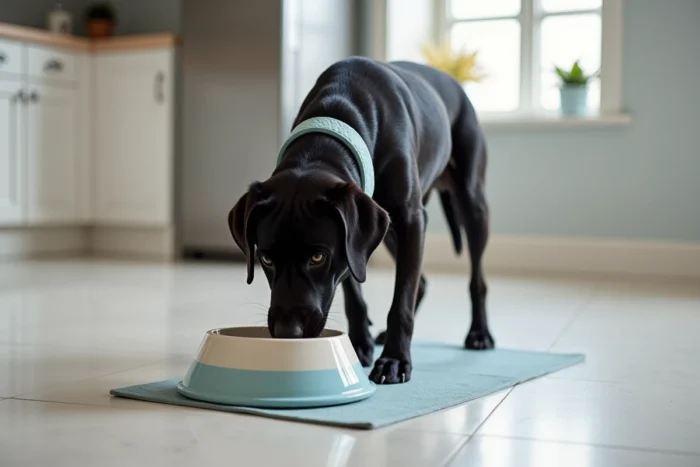 Labrador noir portant un collier de protection souple buvant dans un bol surélevé adapté installé sur un tapis antidérapant dans une cuisine