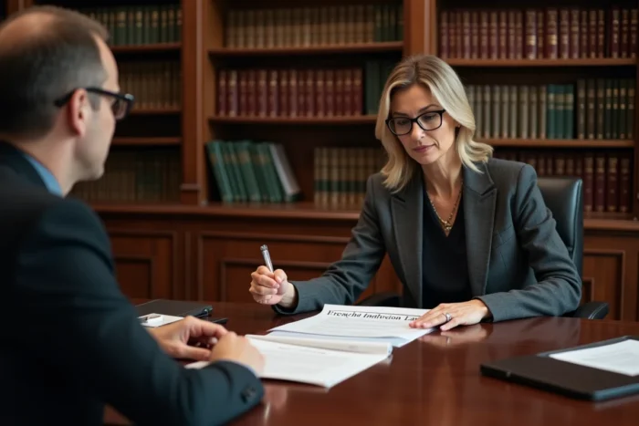Notaire expliquant la loi sur l'indivision à deux copropriétaires pour débloquer une vente contestée