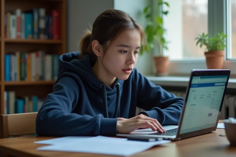 Lycéenne inscrite sur le portail Cyclades pour le Bac 2025 depuis son bureau à la maison