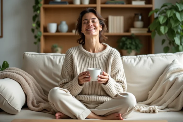 Femme détendue dans un salon cocooning avec canapé moelleux, plantes vertes et tasse de thé fumante