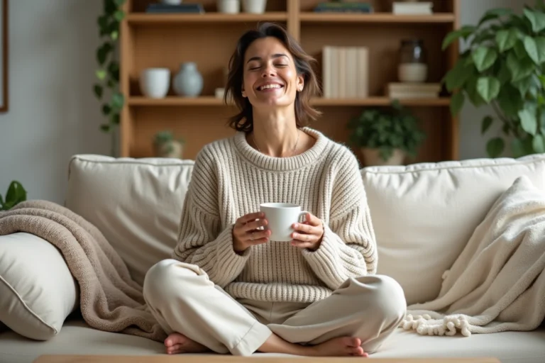 Femme détendue dans un salon cocooning avec canapé moelleux, plantes vertes et tasse de thé fumante
