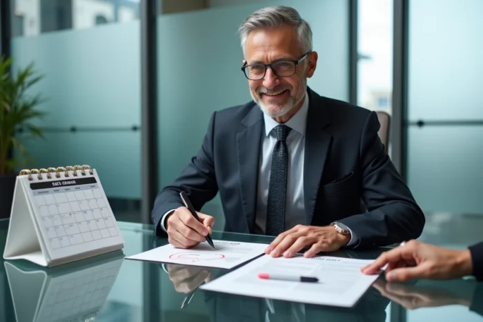 Agent immobilier et client signant un mandat exclusif à durée limitée dans une agence moderne