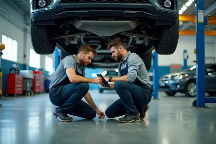 Deux mécaniciens collaborant sous un SUV soulevé sur un pont élévateur dans un grand atelier automobile professionnel