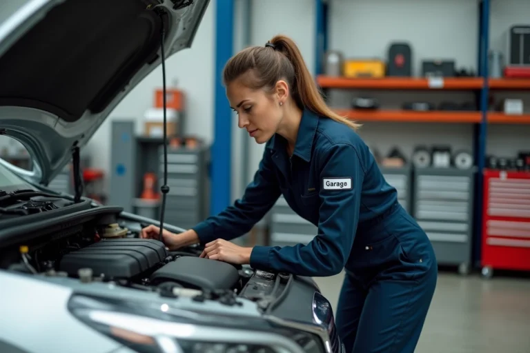 Mécanicienne professionnelle inspectant le moteur d'une voiture dans un garage indépendant bien équipé
