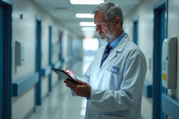 Médecin consultant une base de données médicale numérique sur tablette dans un couloir d'hôpital
