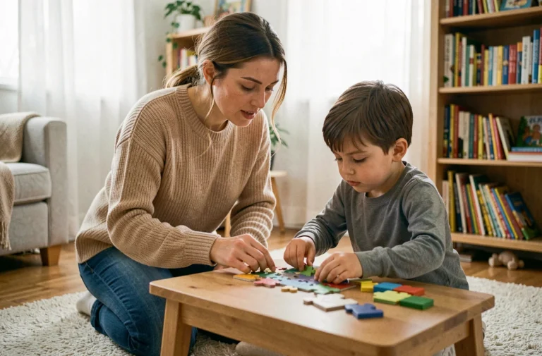 Mère aidant son enfant à assembler un puzzle en bois dans un salon familial chaleureux
