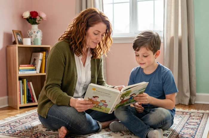 Mère et fils partageant un moment de lecture sur le sol d'une chambre d'enfant apaisante