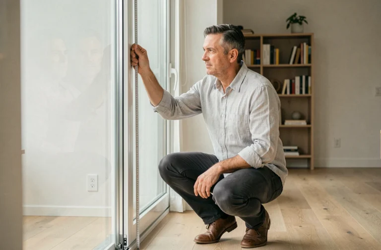 Architecte mesurant la hauteur d'une porte coulissante standard avec un mètre ruban dans un intérieur moderne