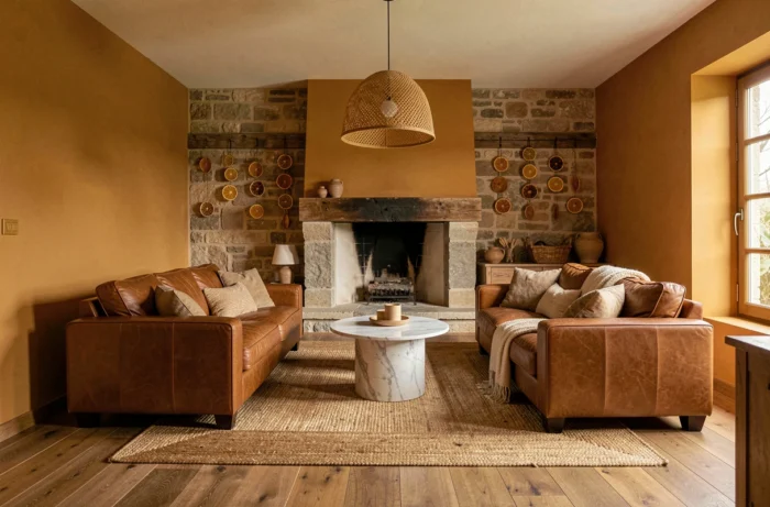 Salon chaleureux toute l'année avec murs en miel ambré mat, canapé en cuir cognac et parquet en châtaignier