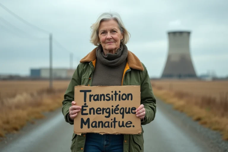 Militante écologiste tenant une pancarte devant une centrale nucléaire lors d'une manifestation pour la transition énergétique