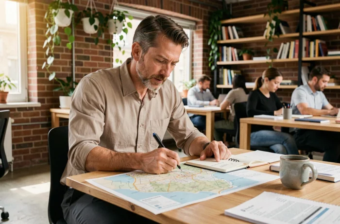 Homme en télétravail dans un espace de coworking, planifiant une mobilité géographique professionnelle sur une carte