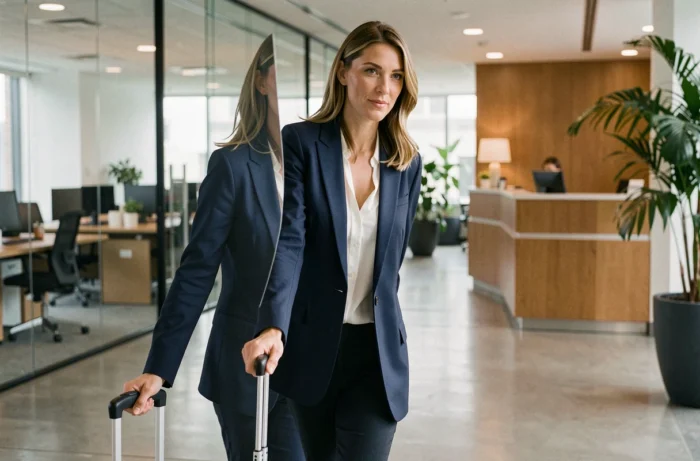 Femme cadre tirant une valise dans le hall d'une entreprise moderne, illustrant la mobilité professionnelle