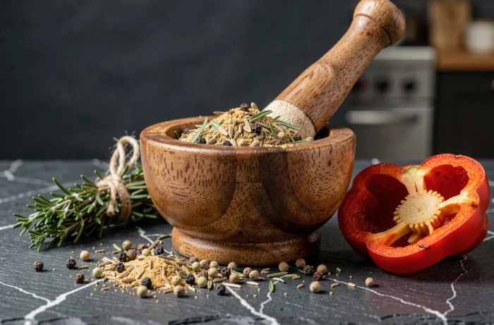 Mortier en bois rempli d'un mélange d'épices fraîchement moulues sur ardoise sombre, avec thym frais et poivron rôti, pour illustrer les épices idéales pour légumes