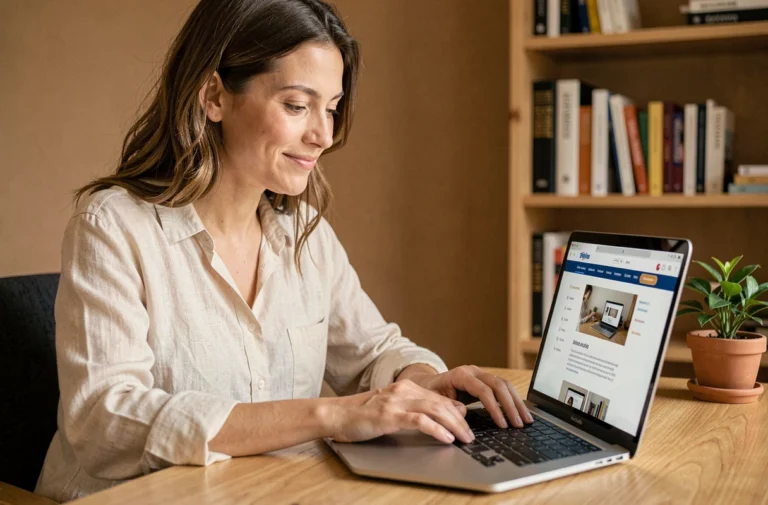 Femme naviguant facilement sur un site web bien organisé depuis son bureau à domicile