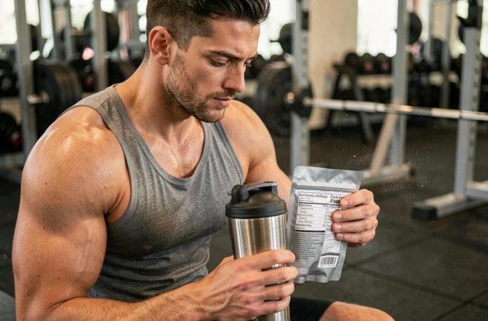 Sportif masculin analysant un complément nutritionnel pendant une pause d'entraînement en salle de sport