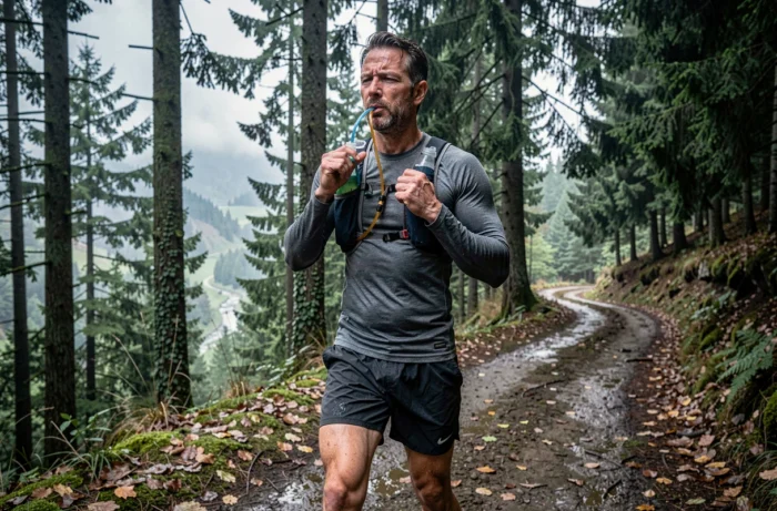 Coureur de trail s'hydratant sur un sentier forestier lors d'une sortie d'endurance en montagne