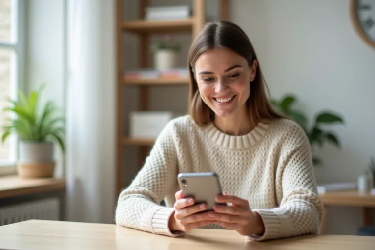 Femme utilisant son smartphone pour effectuer un paiement en 4 fois sur une application de mode en ligne