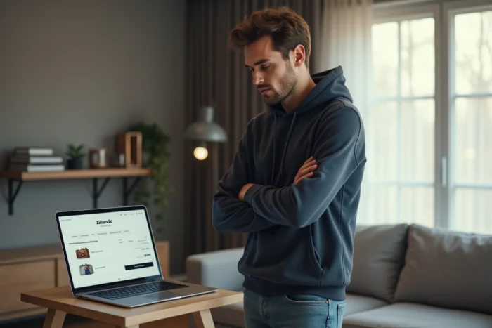 Homme consultant une page de paiement fractionné en 4 fois sur un site de mode depuis son ordinateur portable
