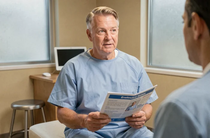 Patient en blouse médicale discutant des effets secondaires du gadolinium avec un médecin