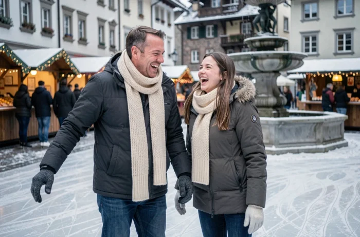 Adultes patinant sur une patinoire extérieure en centre-ville suisse en hiver