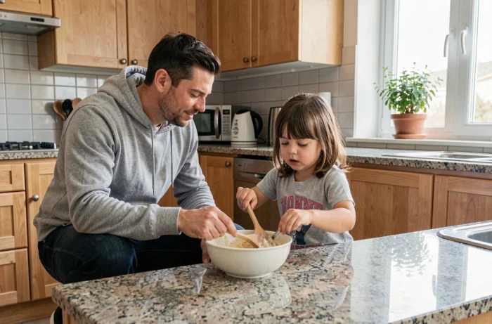 Père et fille préparant un repas ensemble dans une cuisine familiale moderne