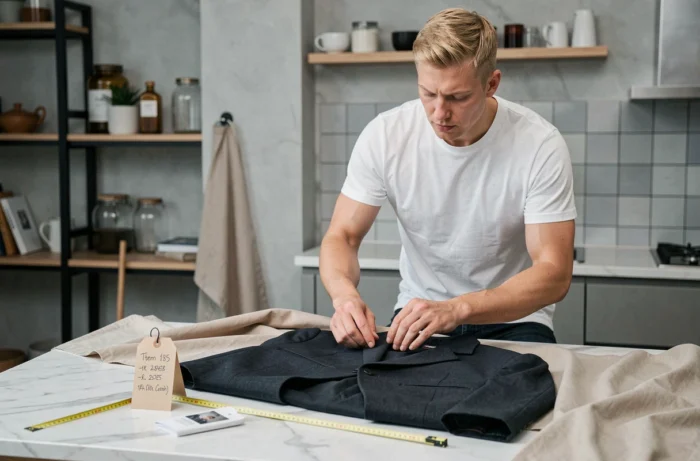 Homme photographiant une veste de créateur pour une annonce sur une plateforme de revente de mode