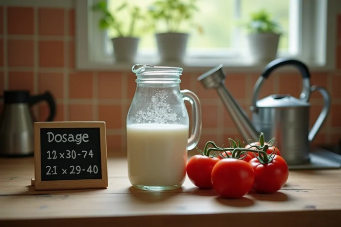 Préparation d'un mélange lait et eau pour arroser les tomates avec dosage noté sur ardoise