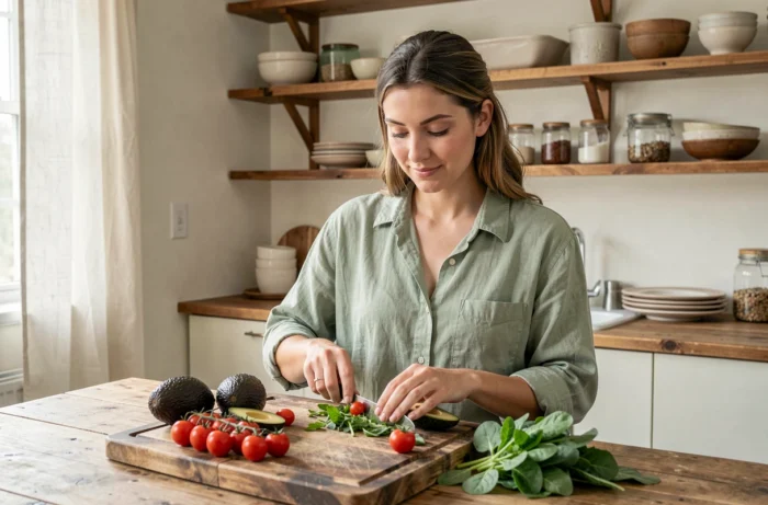 Jeune femme préparant un repas sain à la maison dans une cuisine rustique pour prendre soin de son bien-être physique quotidien