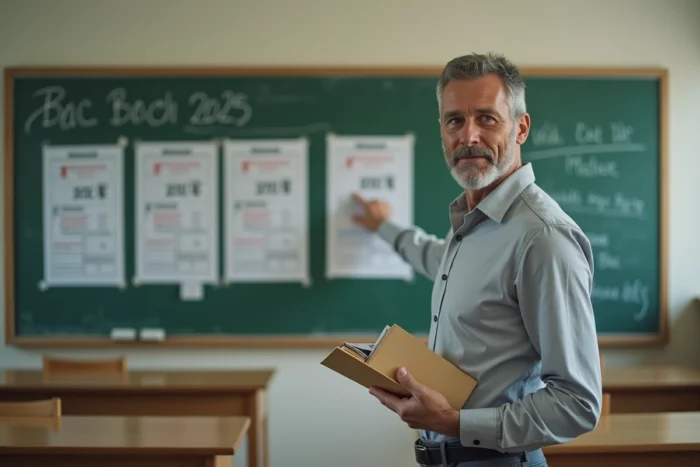 Professeur expliquant les étapes du parcours Cyclades Bac 2025 devant un tableau de classe