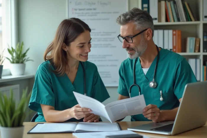 Deux professionnels de santé collaborant sur des ressources médicales dans un bureau clinique
