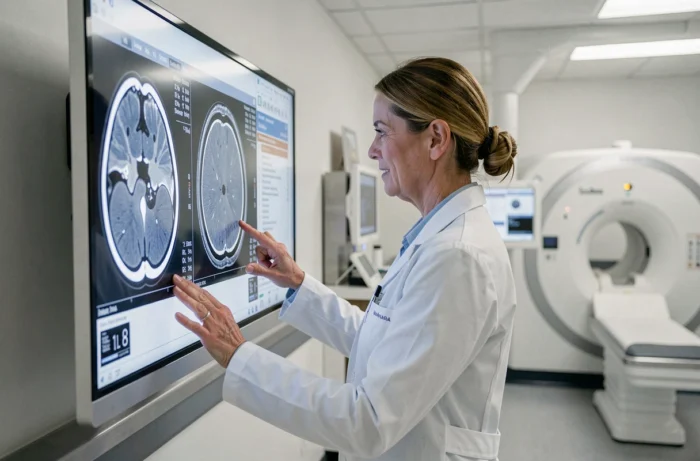 Radiologue examinant des images IRM dans un service de radiologie hospitalier moderne