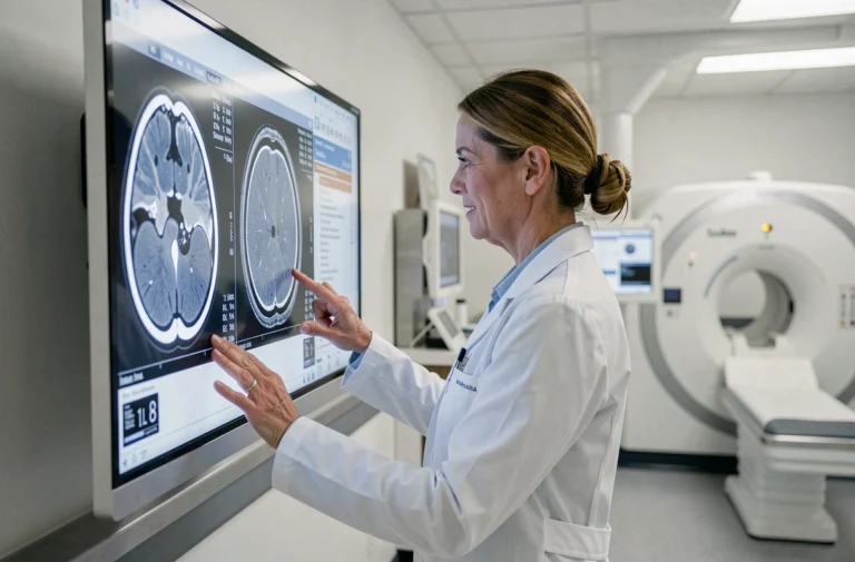 Radiologue examinant des images IRM dans un service de radiologie hospitalier moderne