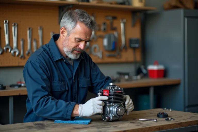 Mécanicien réglant le jeu de soupape d'un moteur Briggs et Stratton sur un établi d'atelier
