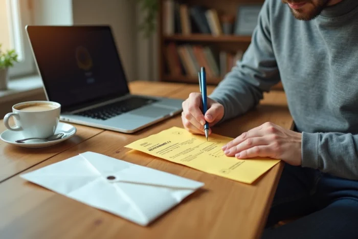 Homme remplissant un formulaire de lettre recommandée R2 à son bureau à domicile