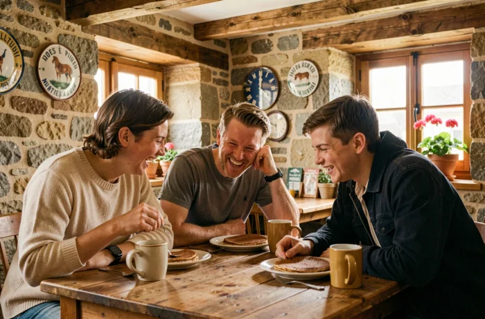 Père et enfants dégustant des galettes bretonnes dans une crêperie traditionnelle en pierre