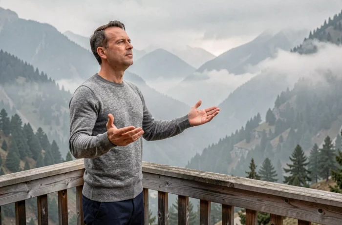 Homme pratiquant un exercice de respiration consciente sur un balcon en bois avec vue sur une vallée montagneuse brumeuse