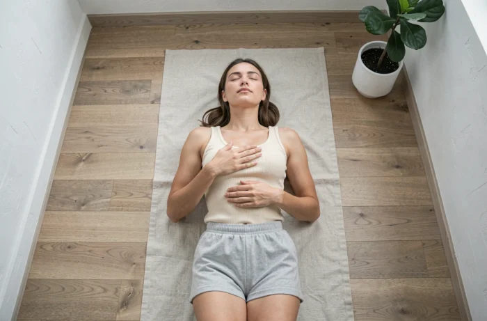 Femme allongée sur un tapis pratiquer la respiration diaphragmatique dans un studio bien-être minimaliste, vue de dessus