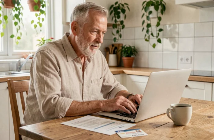 Homme retraité remplissant une demande de carte senior en ligne depuis chez lui, avec les documents nécessaires posés sur la table