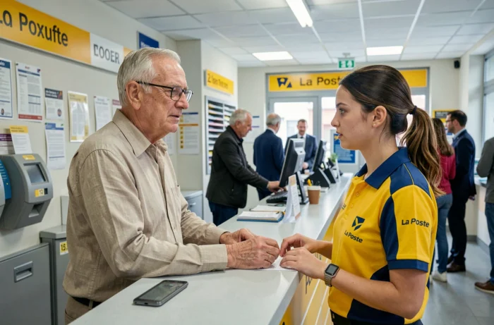 Retraité en train de se renseigner sur les dispositifs sociaux auprès d'un employé La Poste au guichet