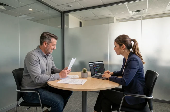 Deux professionnels discutant de l'intégration d'une API SVC autour de documents techniques dans une salle de réunion startup