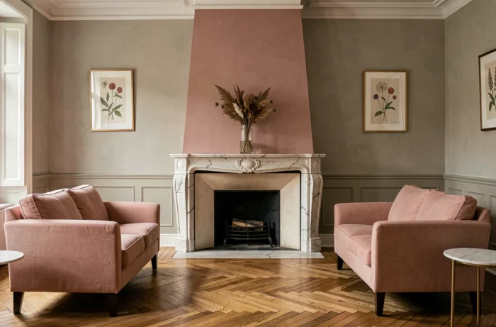 Cheminée et renfoncement peints en rose poudré dans un salon parisien classique avec canapé en lin blush