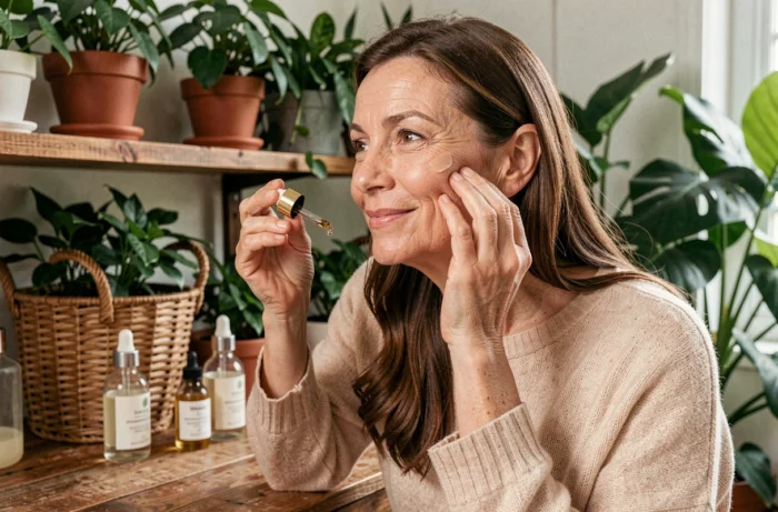 Femme d'âge mûr appliquant une huile visage biologique devant une coiffeuse en bois entourée de plantes dans un intérieur chaleureux et naturel