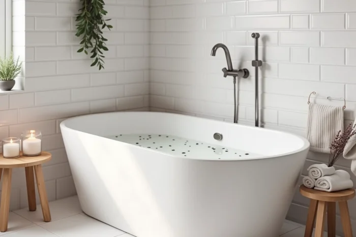 Salle de bain bien-être avec baignoire îlot, accessoires en bambou et brins de lavande séchée