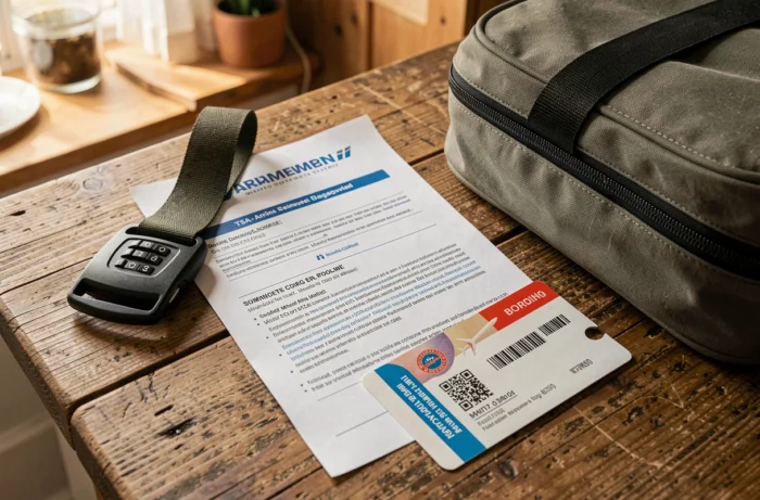 Vue du dessus d'une sangle de bagage TSA avec cadenas, carte d'embarquement et document de règles aériennes sur une table en bois