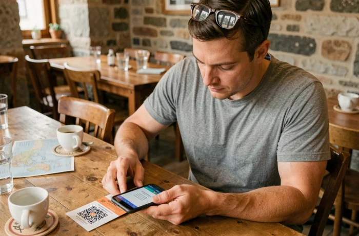 Homme scannant le QR code d'un billet des Vieilles Charrues avec son smartphone dans un café breton