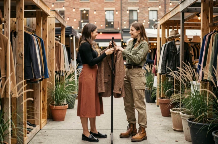 Deux femmes tendance faisant du shopping dans un marché pop-up urbain, tenues mode automne aux couleurs terreuses