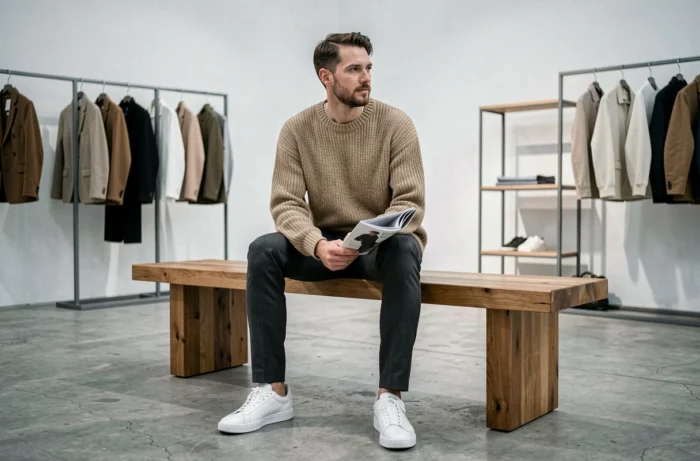 Homme décontracté en pull oversize beige et baskets blanches assis dans un concept store minimaliste, mode tendance automne-hiver