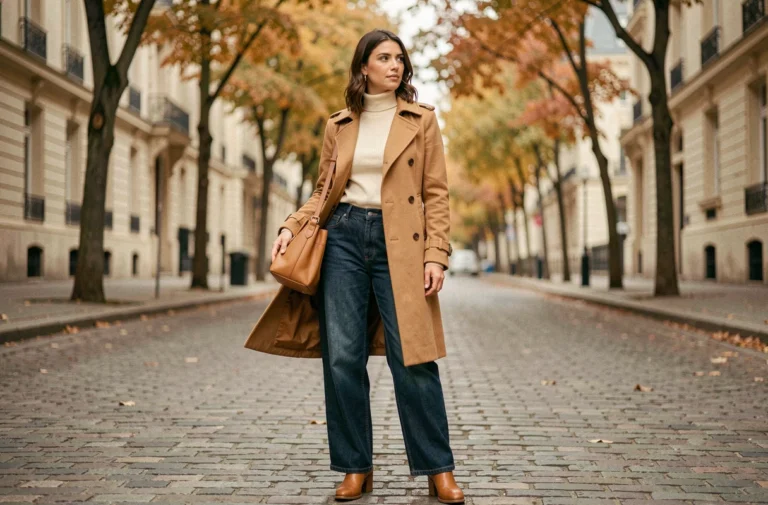 Femme élégante en trench coat camel et jean large sur une rue pavée parisienne en automne, style tendance saison